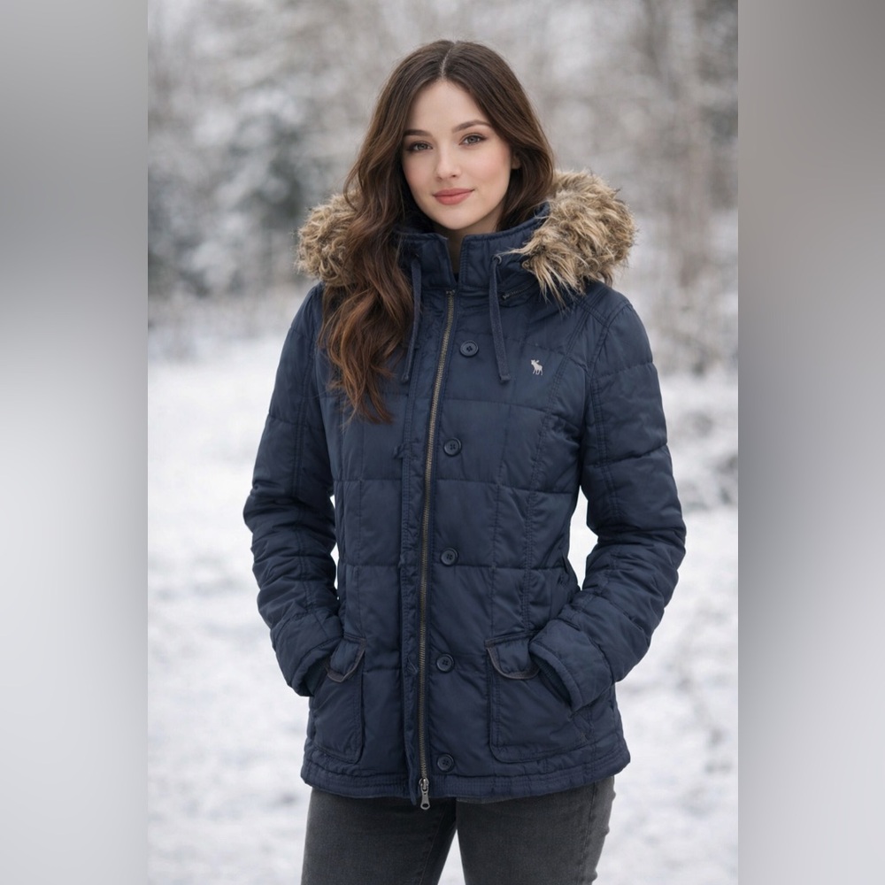 ABERCROMBIE & FITCH Vintage 2000s Removable Fur Hooded Navy Blue Winter Jacket L